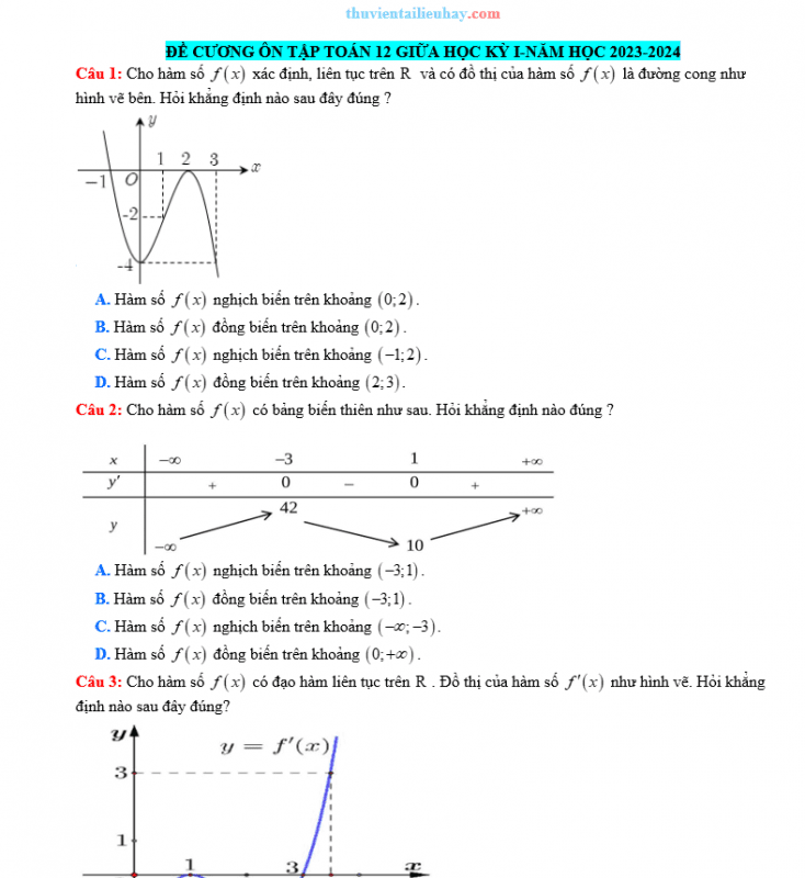 Đề Cương Ôn Tập Giữa Học Kỳ 1 Môn Toán Lớp 12 Năm 2023-2024