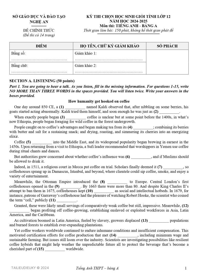 Đề thi HSG Tiếng Anh 12 Nghệ An 2024-2025 - A. Listening