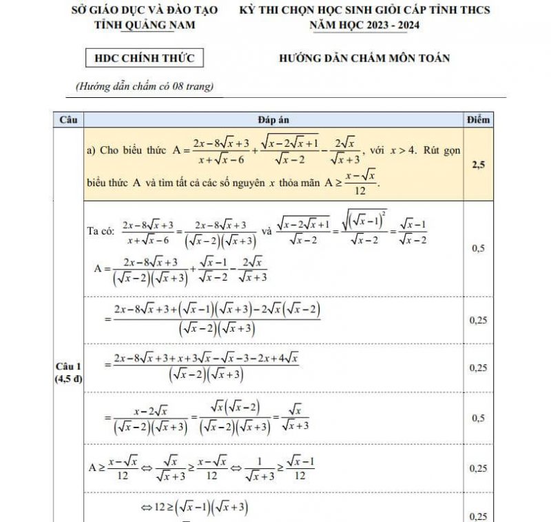 Đề Thi HSG Toán 9 Quảng Nam 2023-2024