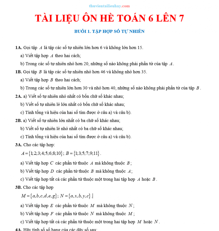 Tài Liệu Ôn Hè Toán 6 Lên 7 Theo Từng Buổi Có Đáp Án